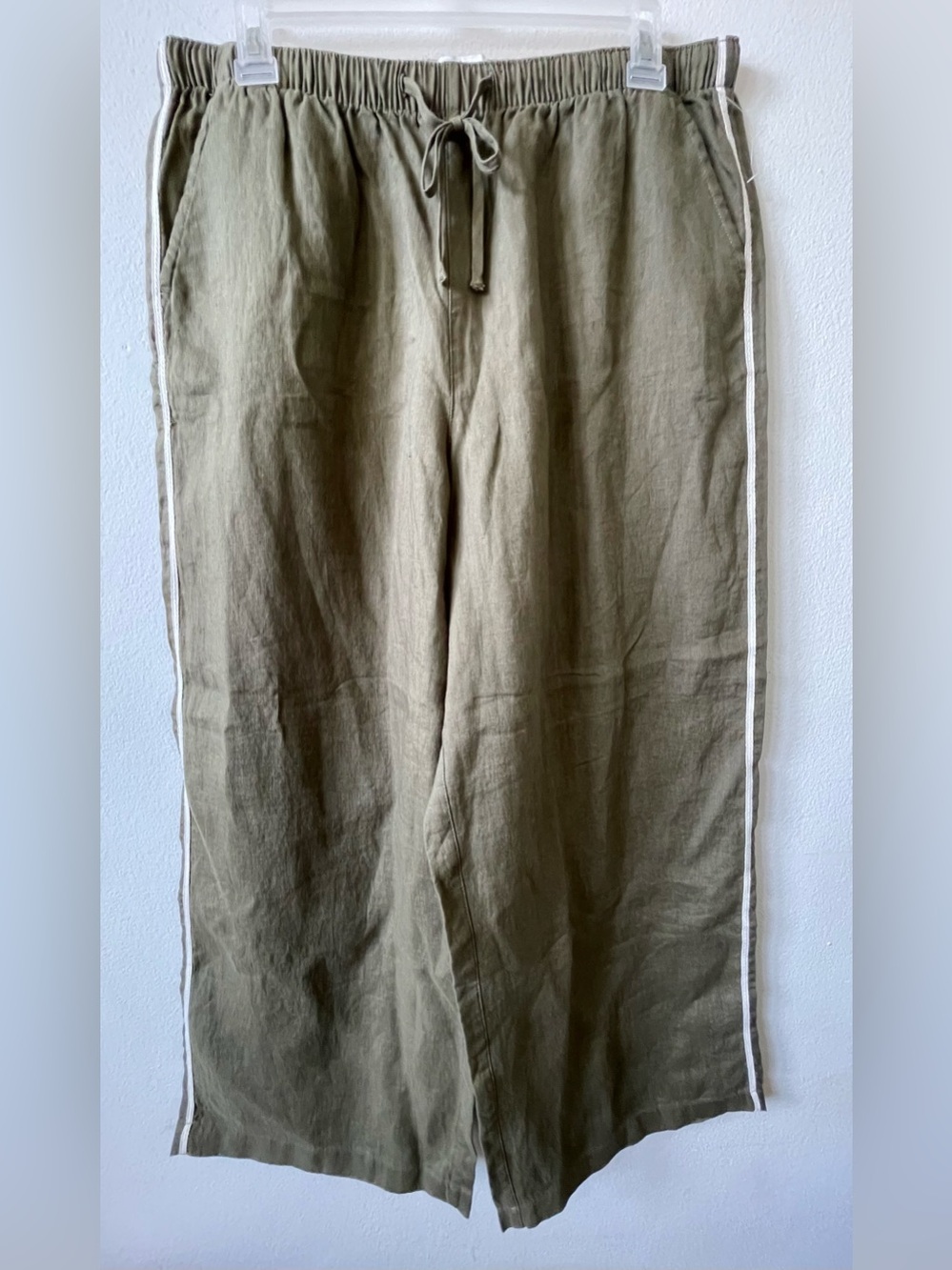 Rachel Zoe Olive Green Wide-Leg Linen Pants with Contrast Side Stripe